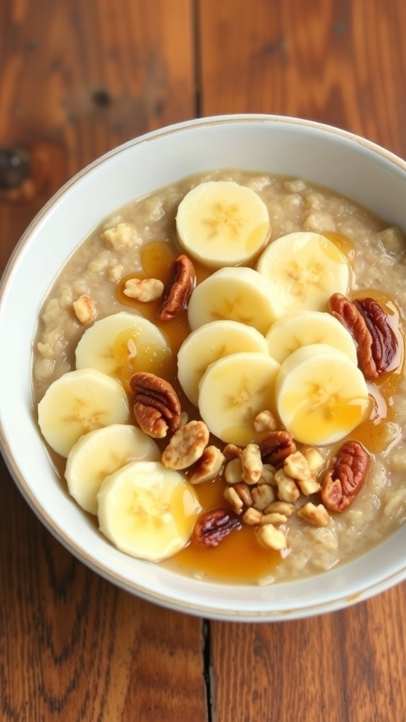 A bowl of oatmeal with banana slices and nuts on a wooden table.